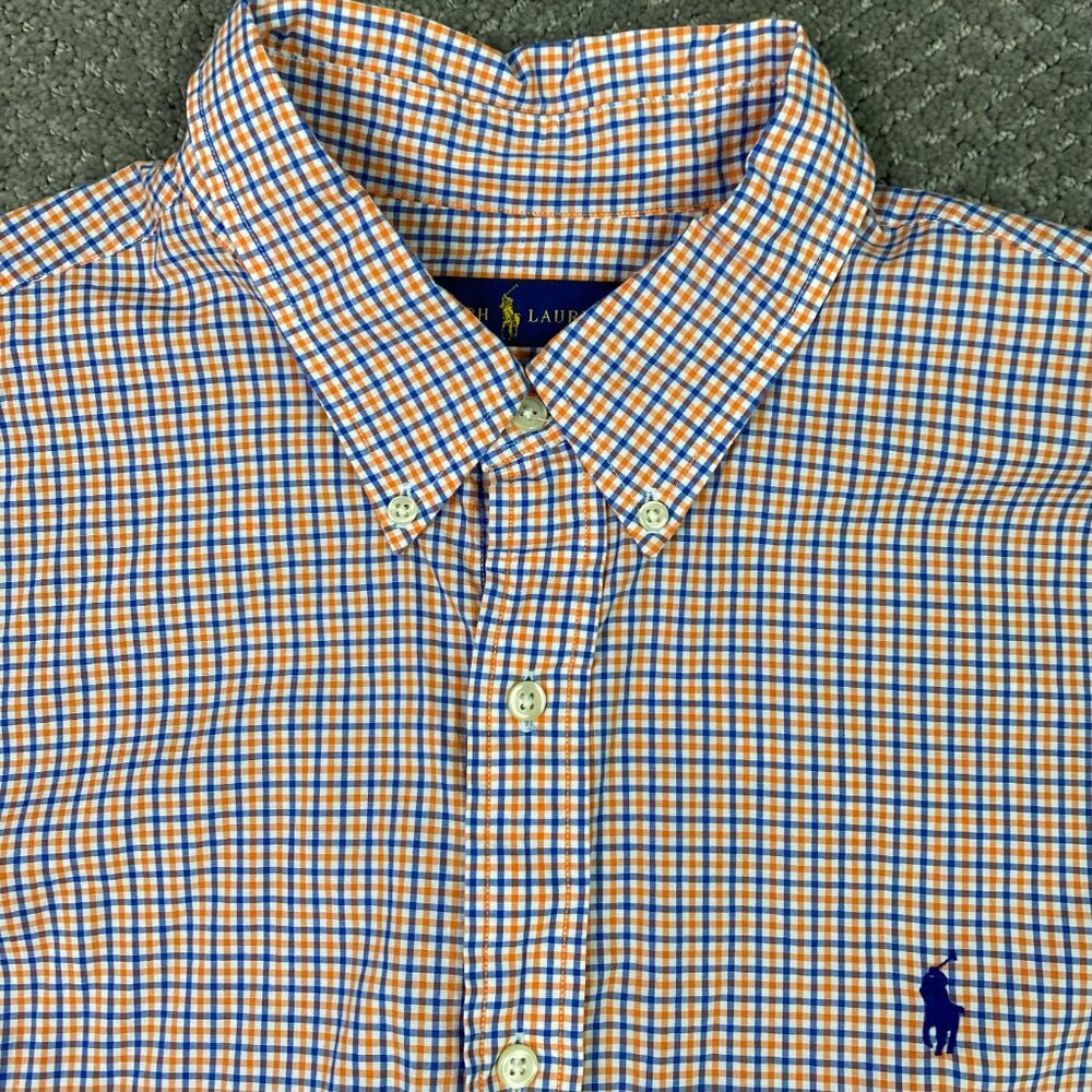 Ralph Lauren Button Down Shirt Men's XL Orange Blue White Gingham Check Plaid